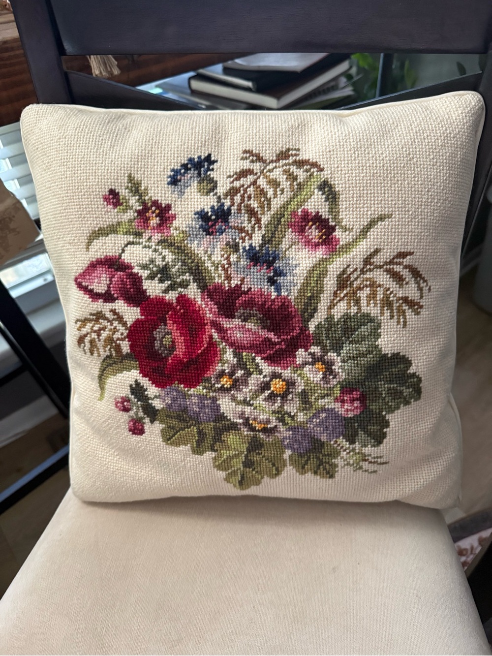 Vintage Needlepoint Floral Pillow 15x15